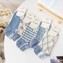 

5 Pairs Women Short Socks Blue Color Cute College Fresh Print Female Socks Soft Girls Combed Cotton Spring Summer Meias Sox Set