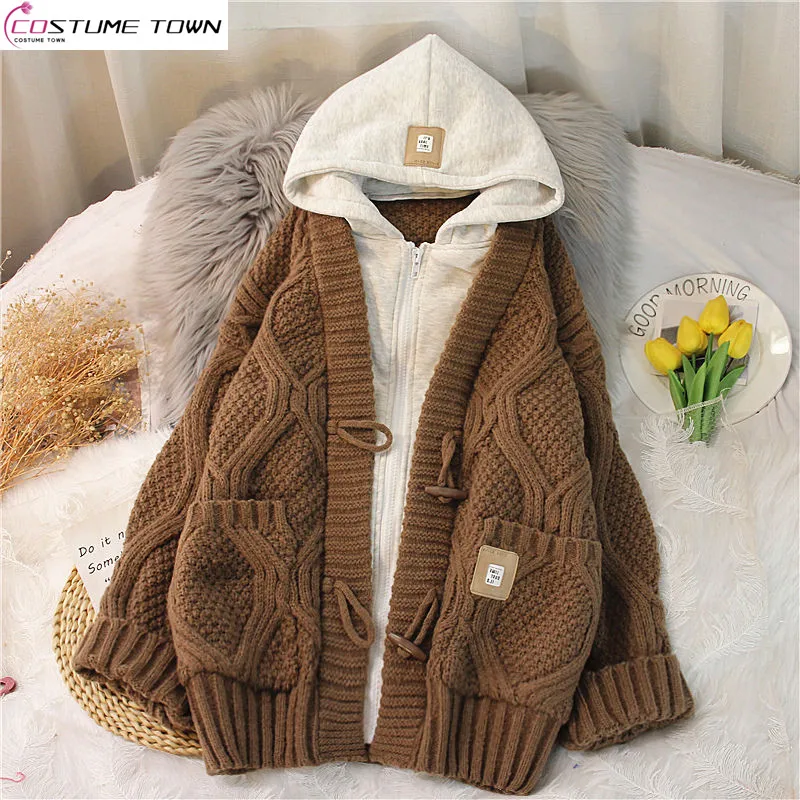 

Fake Two Piece Hooded Sweater Coat Women's Autumn/Winter New 2023 Fashion Loose and Lazy Style Mid Length Knitted Cardigan