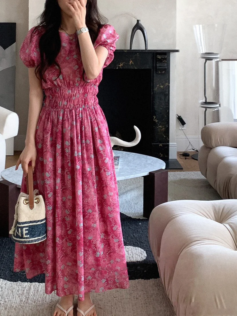 

Женское шифоновое платье с рукавами-фонариками, летнее платье с цветочным принтом и эластичной талией, 2024