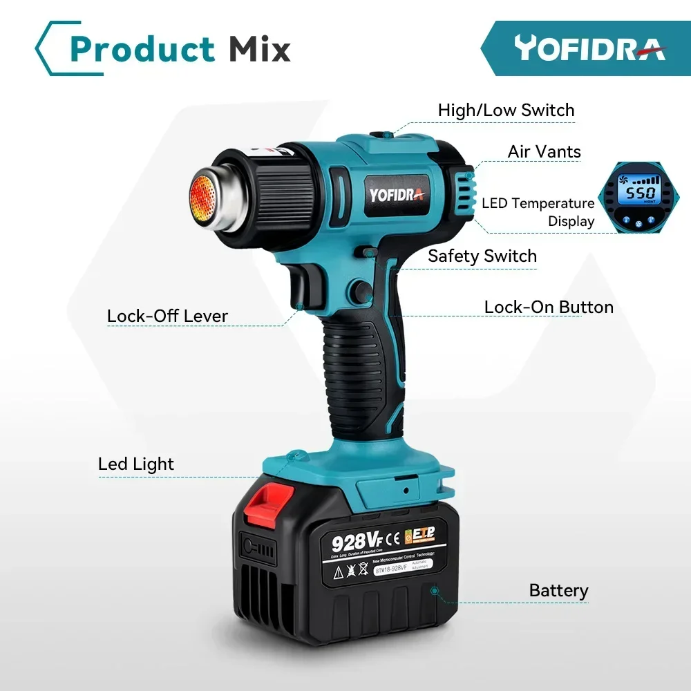 Yofidra 2500W  50-550℃ Electric Heat Gun 6 Gears LED Display Cordless Rechargeable Home Industrial Tools For makita 18V Battery 2