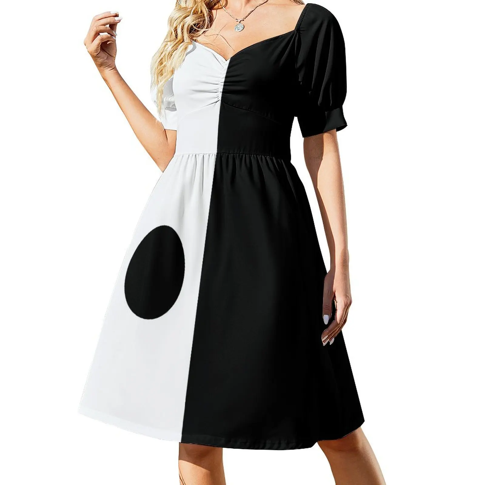 Vestido blanco y negro de diseño moderno con mangas cortas y círculos, vestido de noche de verano para mujer