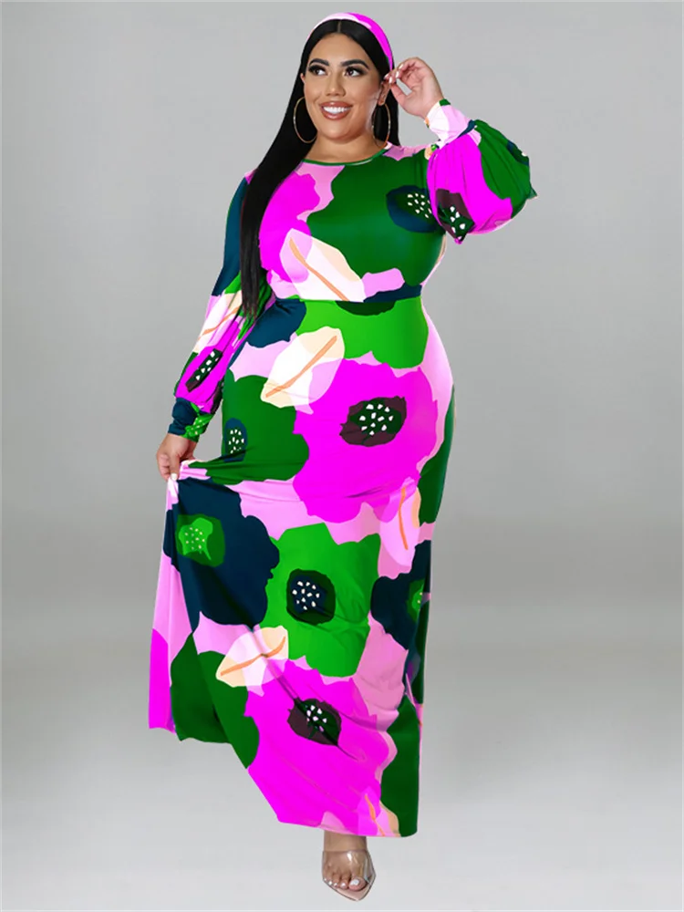 Wmstar Plus Size Dresses for Women Loose Long Sleeve Flower Print Big Hem Elegant Maxi Dress Fall Clothes Wholesale Dropshipping