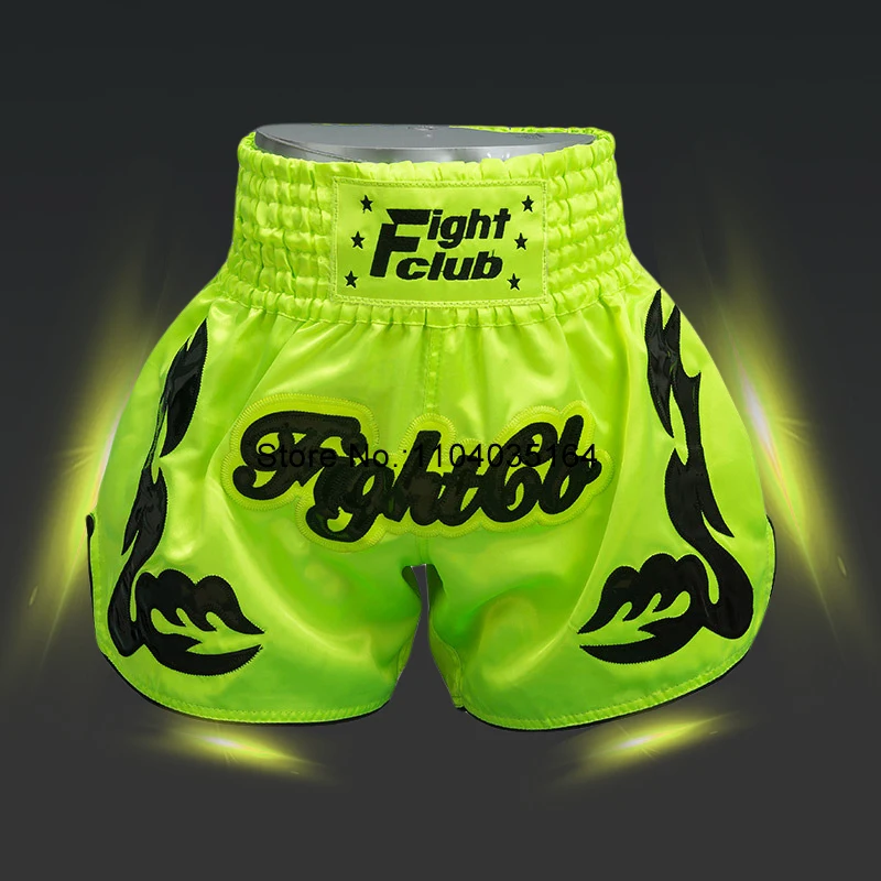 Muay Thai Shorts Fluorescent Green Thai Boxing Shorts Men Women Kids Satin MMA Clothes Fitness Sports Fight Kickboxing