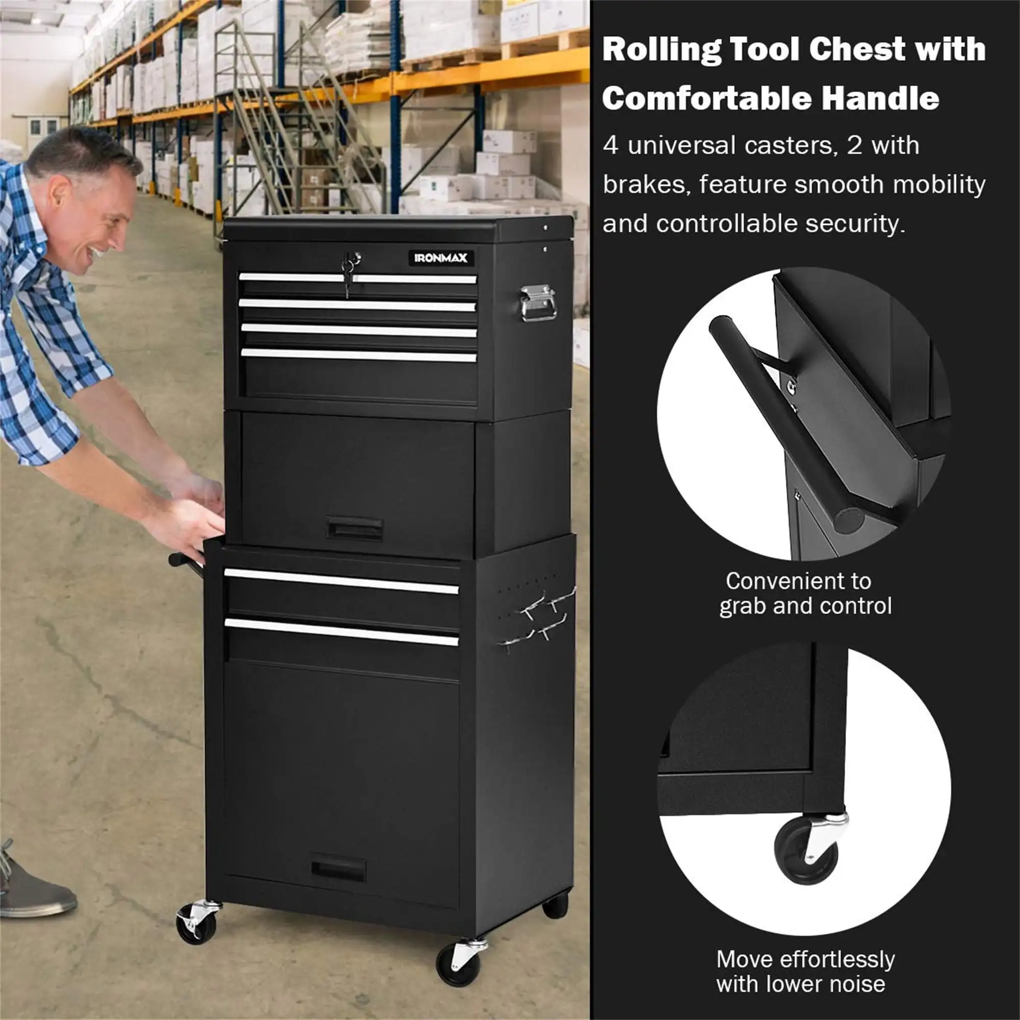Rolling Tool Box, 3 in 1 Steel Tool Chest with 6-Drawer & 2 Cabinet for Workshop Garage Black Upgraded Large Capacity 4