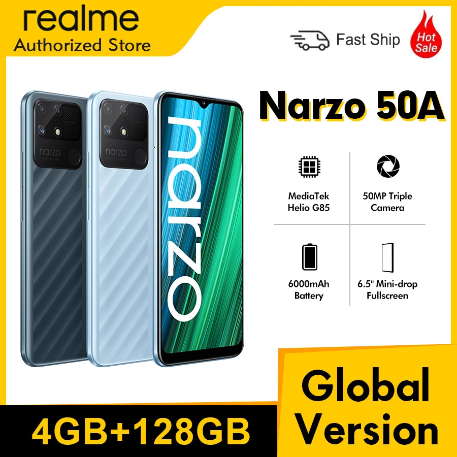 Global Version realme narzo 50A 6.5” 4GB 128GB Helio G85 Gaming Processor 50MP AI Triple 18W Quick Charge 6000mAh Mobile Phone latest phone of realme