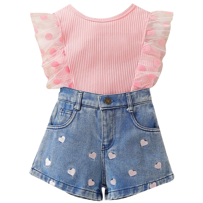 

2Piece Summer Outfit Toddler Girl Clothes Korean Fashion Flowers Sleeveless Cotton Baby Tops+Denim Shorts Children's Sets BC1689