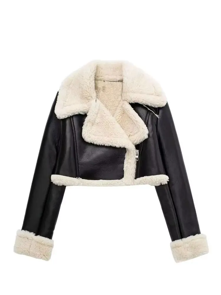 HH Autumn Fashion Women Faux Leather Jackets Vintage Spliced Lapel Long Sleeve Coat Winter Warm Casual Woman Outerwear