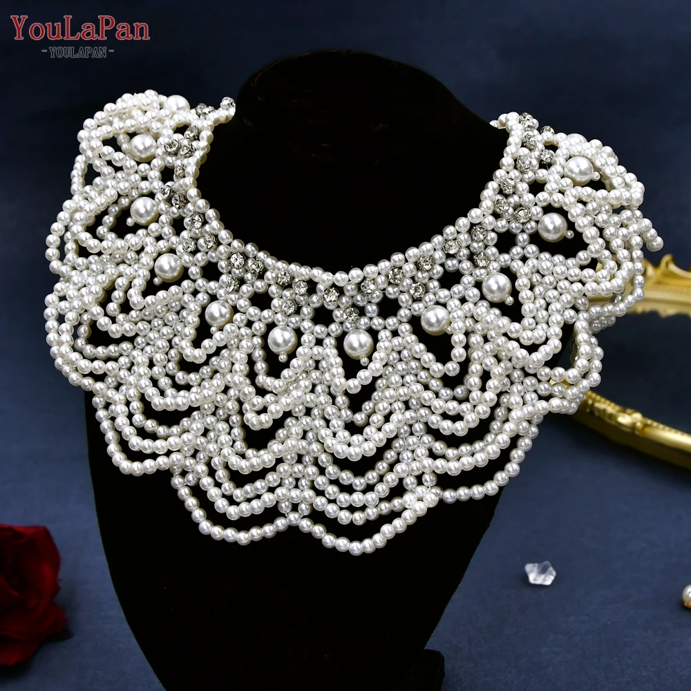 

YouLaPan Pearls Bridal Necklace Ladies Woman Collar Chain Choker Wedding Party Diamante Handmade Beads Brides Jewelry VG05