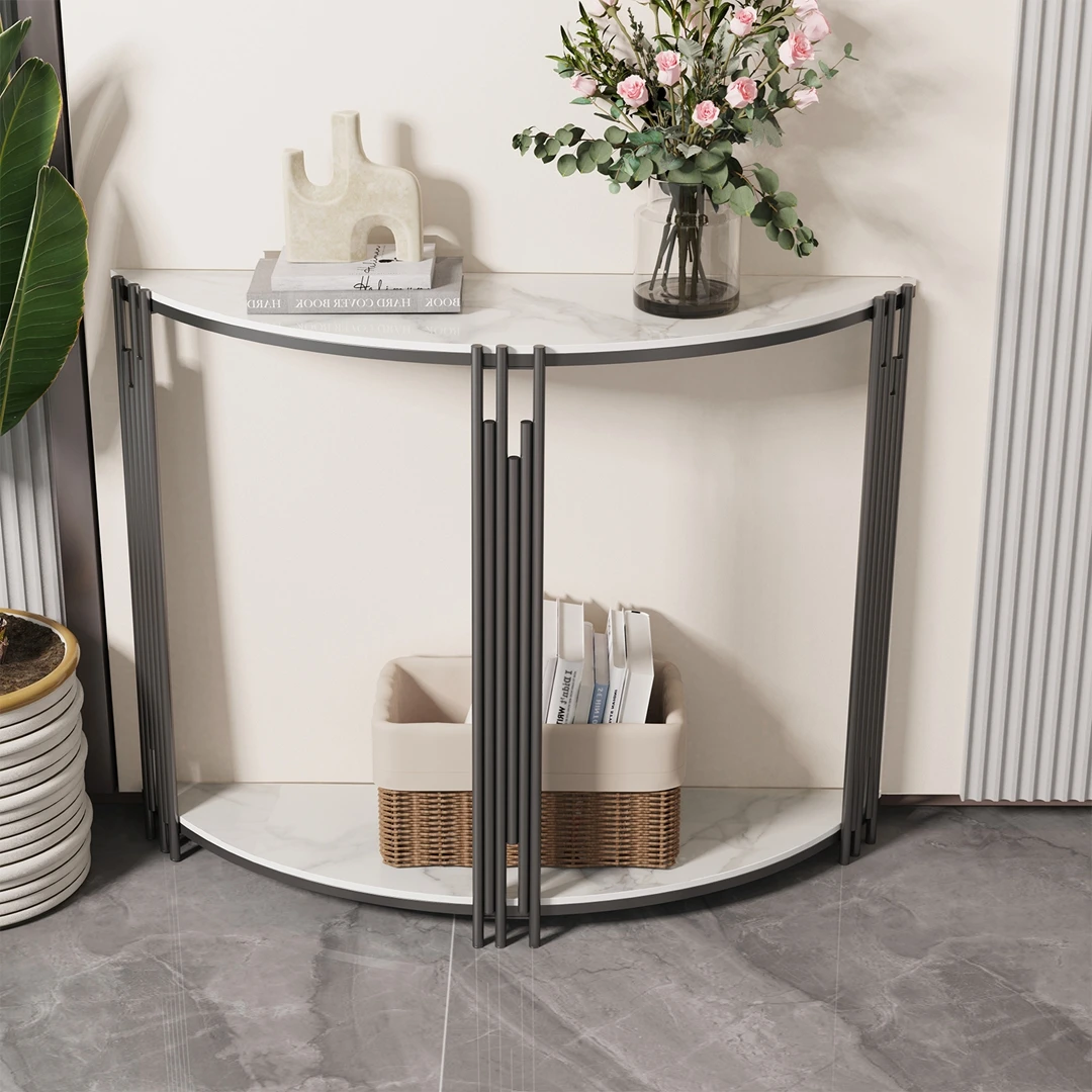 Half Moon Console Table 2Tier Storage Sintered Stone Top Semi Circle Entryway Hallway Living Room Modern Small Space Furniture