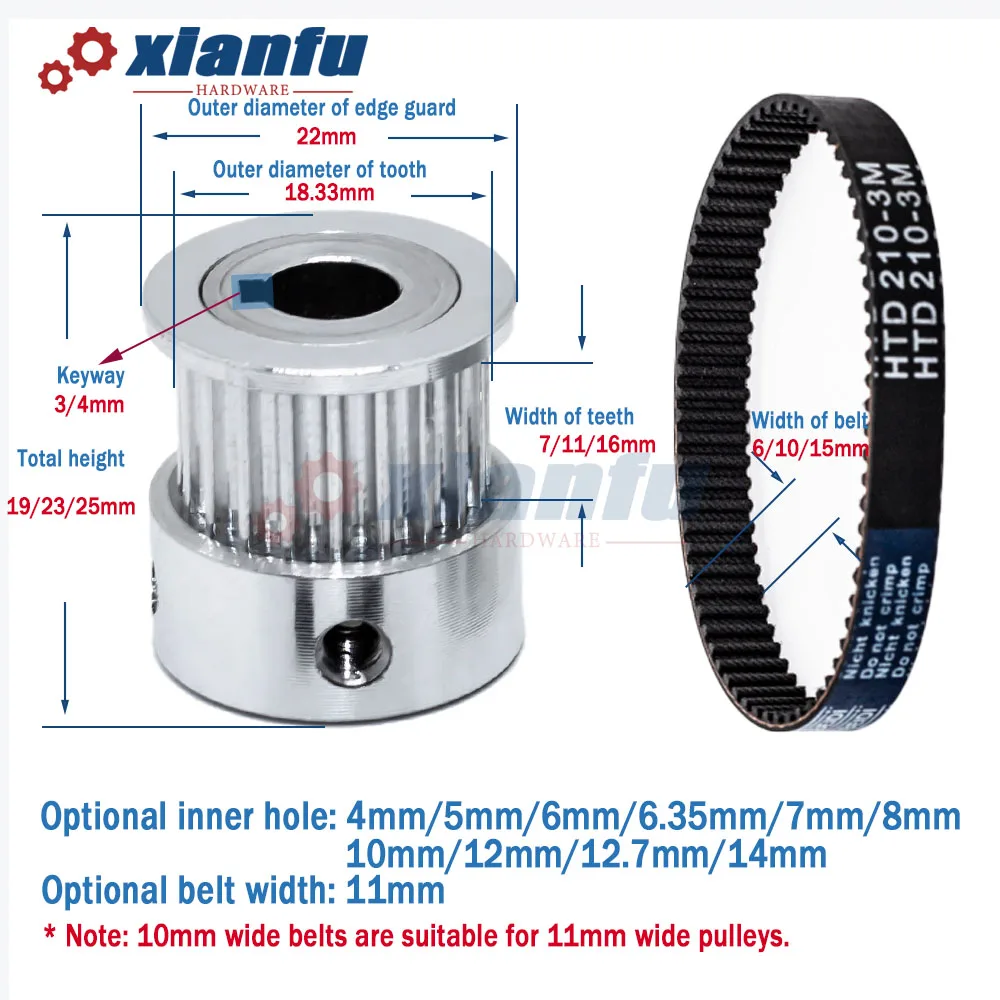 Timing Belt Pulley HTD3M 20 Teeth 3M Bore 4/5/6/6.35/7/8/10/12/14mm Aluminum HTD 20T Synchronous Wheel Sync Width 6/10/15mm