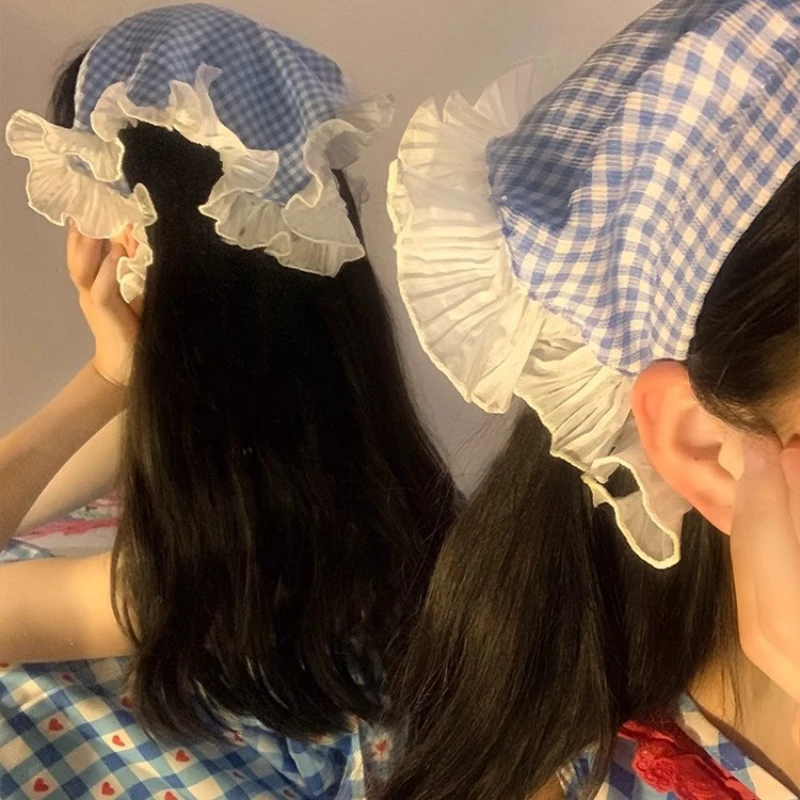 

Летний кружевной шарф в клетку для женщин, корейский квадратный шарф, повязка на голову, аксессуары для волос, милый головной платок для девочек, дворцовая шляпа