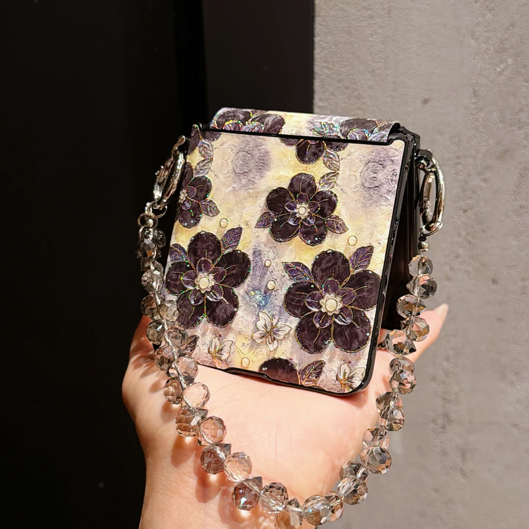 Luxury Gold Stamping Floral Phone Case with Chain Bracelet - Magnetic Wireless Charge Cover