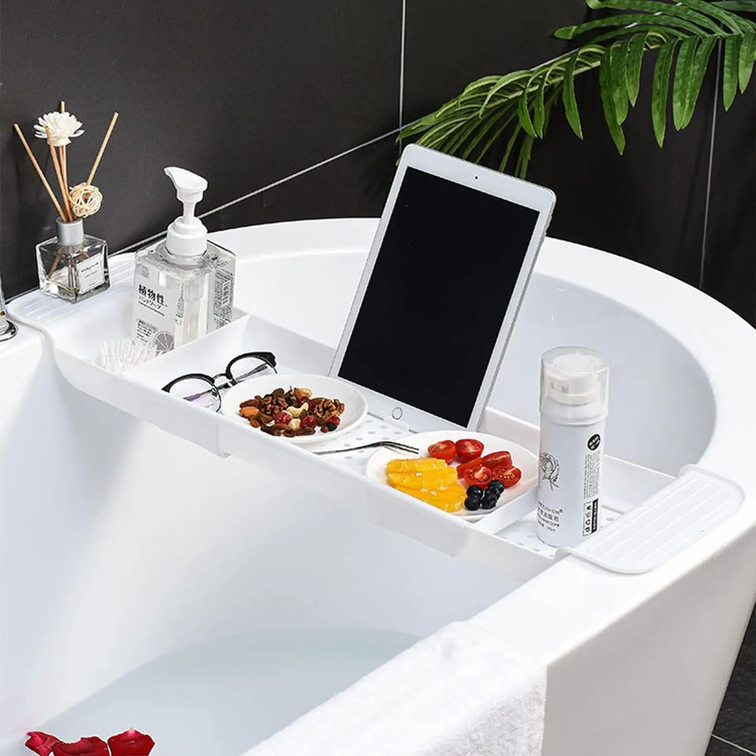 Expandable Drain Bath Shelf Caddy Tray, Multifunctional Plastic Bathtub Tray Bathroom Organizer Storage Rack for Book, Shower