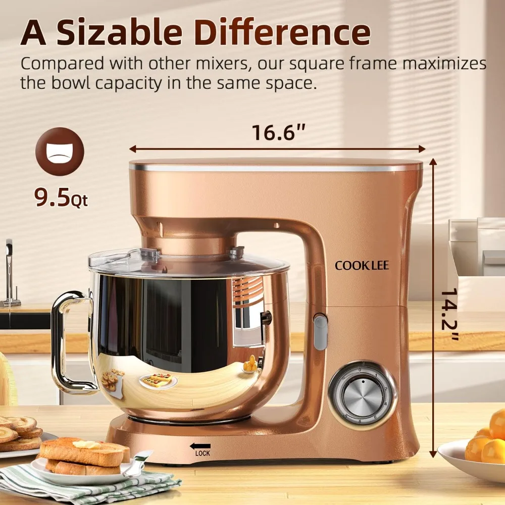 Stand Mixer, 9.5 Qt. 660W 10-Speed Electric Kitchen Mixer with Dishwasher-Safe Dough Hooks, Flat Beaters 2