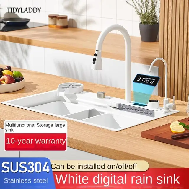 차세대 주방에 필수적인 세련되고 기능적인 흰색 스테인리스 스틸 폭포 수도꼭지