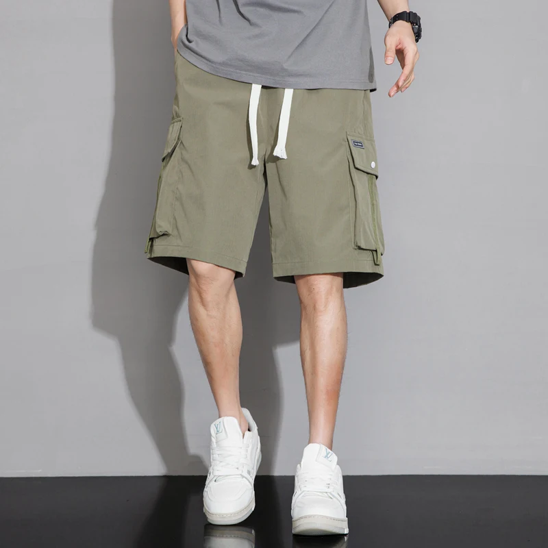 Solid Color Pockets High Waisted Casual Elastic Men's Summer Clothing Straight Drawstring Sports Pants England Style Shorts