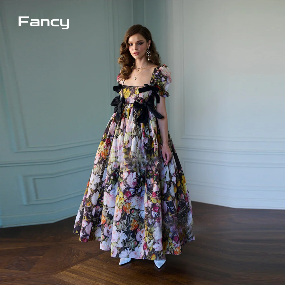 Fancy  Selkie Printing Square Neck Evening Dress Puff Sleeve Short Sleeve Prom Gown A Line Soft Chiffon Graduation Dresses