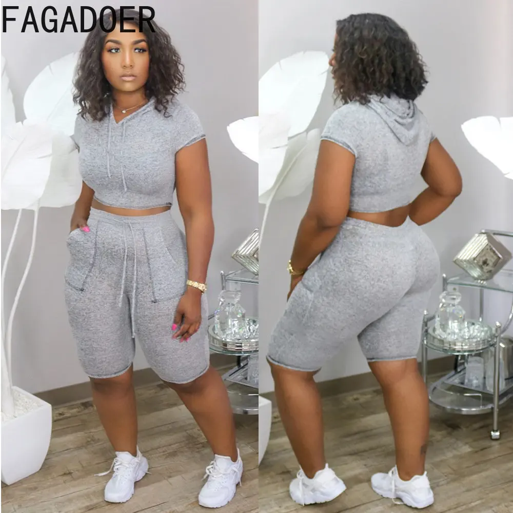 

FAGADOER Casual Solid Color Shorts Two Piece Sets Women Hooded Short Sleeve Crop Top And Biker Shorts Tracksuits Summer Outfits