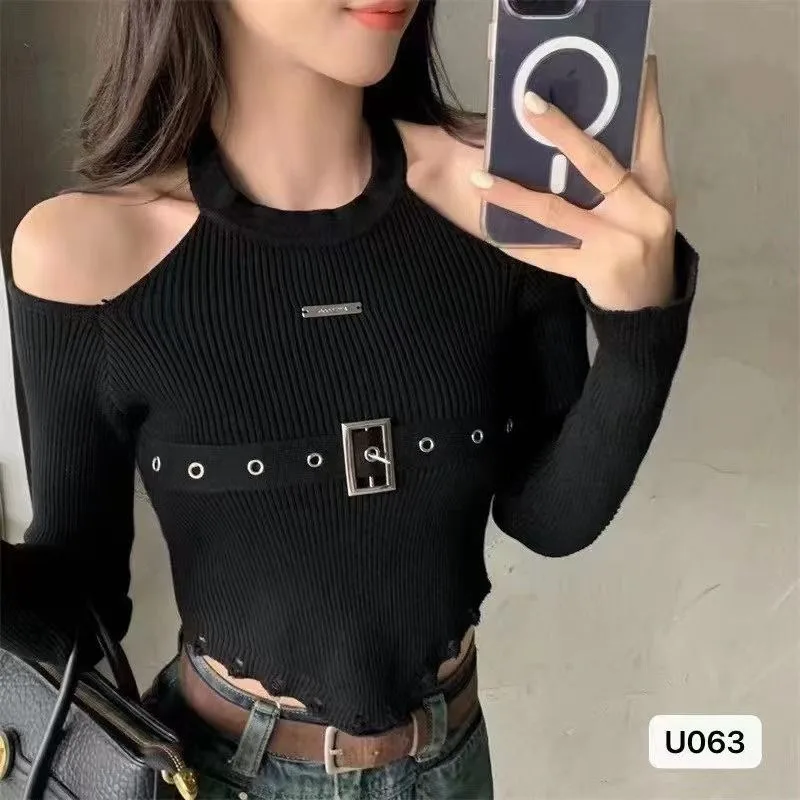 

American Streetwear Gothic Long Sleeve Crop Top Knitted Sweater Autumn Winter Basic Halter Skinny Hot Girls Y2K Top Korean Style
