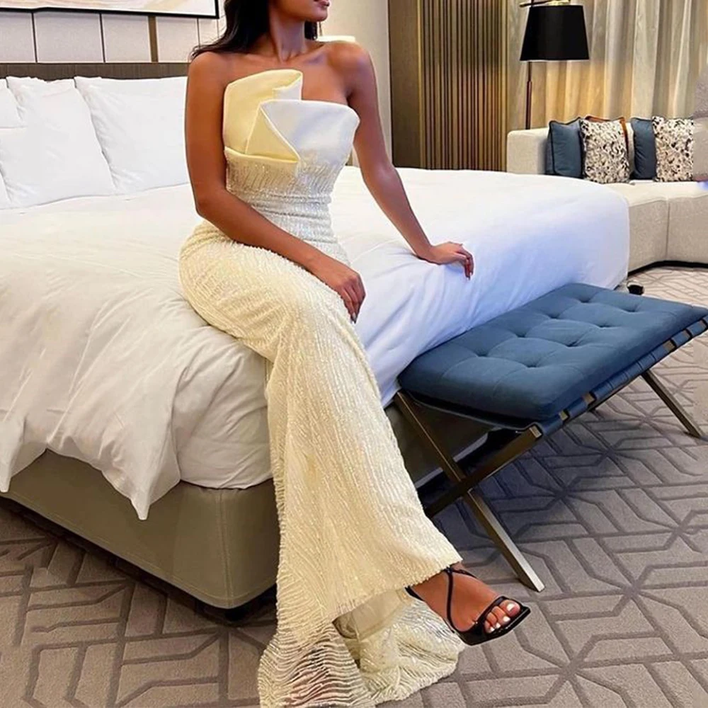 

Flechazo Sheath Floor Length Evening Dress Strapless Sleeveless with Lace Straight Open Back Banquet Gowns for Wedding Party