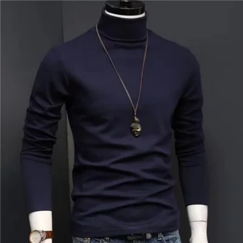 Men's High Neck Long Sleeved Tight Fitting T-shirt Male Elastic Slim Fit Solid Color Base Shirt Autumn/winter Versatile Inner