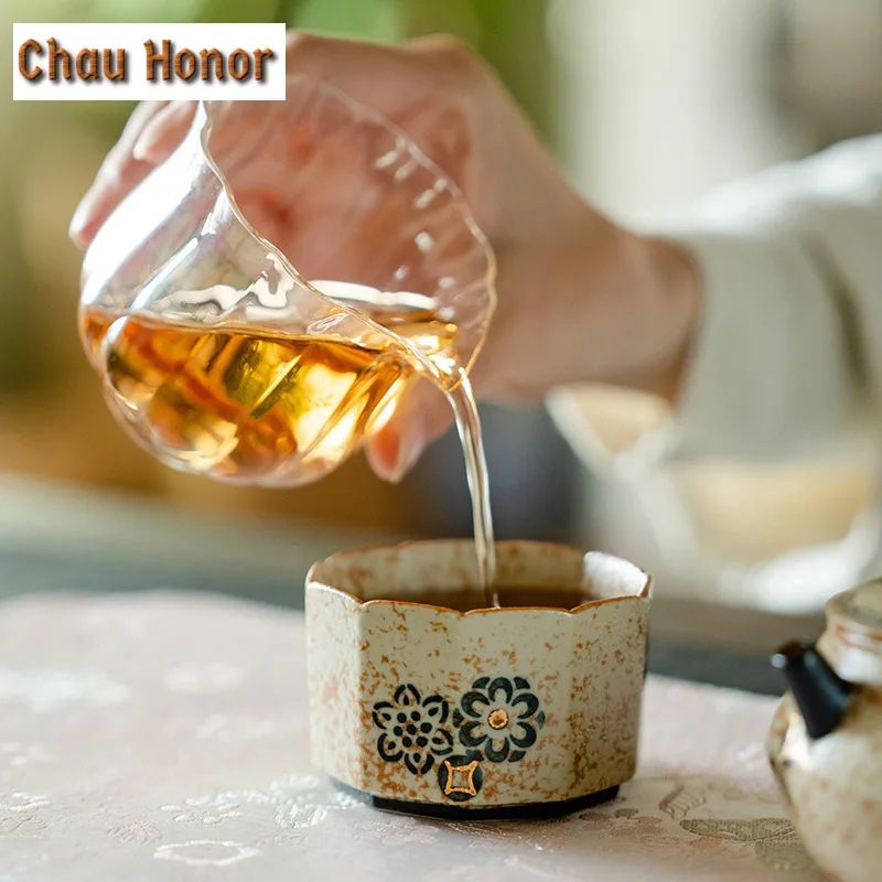 100ml Blue And White Flint Red Ceramic Tea Cup Gold Drawing Embroidered Ball Flower Master's Cup Women Personal Tea Bowl Teaset