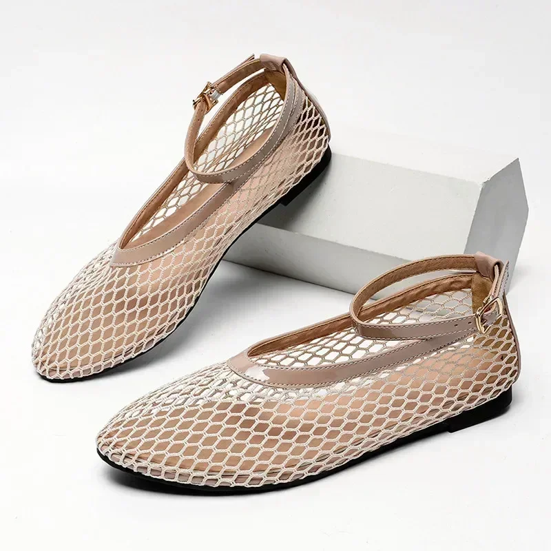 Fashion Hollow Design Mesh Breathable Women's Flats Sexy T-Strap Belt Buckle Ballet Shoe Non-Slip Soft Sole Cozy Shoes for Women women shoes women flats
