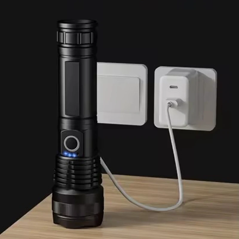 Led Flashlight Type-c Usb Rechargeable Long Range Tactical Torch Strong Light Lamp Outdoor