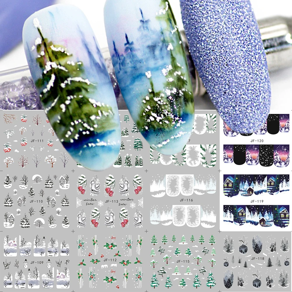 

Christmas Nail Water Stickers Forest Winter Lanscape Snowy Tree Transfer Decal White Snowflakes For Nails Decoration GLJF109-120