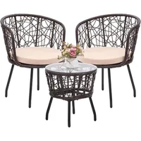 Boho 3 Piece Bistro Set, Modern Outdoor Wicker Patio Furniture with Tempered Glass Table Top and 2 Chairs, Washable Cushi 1
