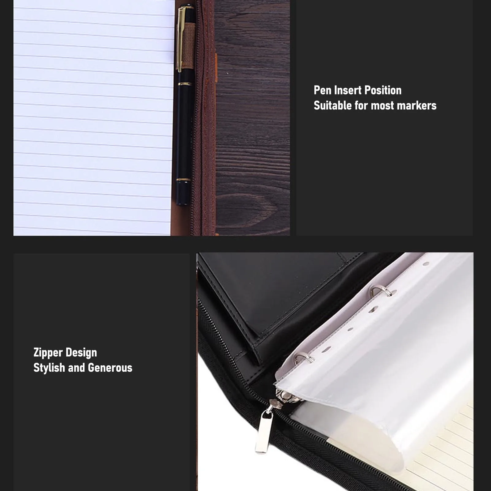 PU Leather Portfolio with Zipper 10 File Pockets 30 Sheets Notebook 4 Rings Binder A4 Document Organizer 10.1 Inch Tablet Cover