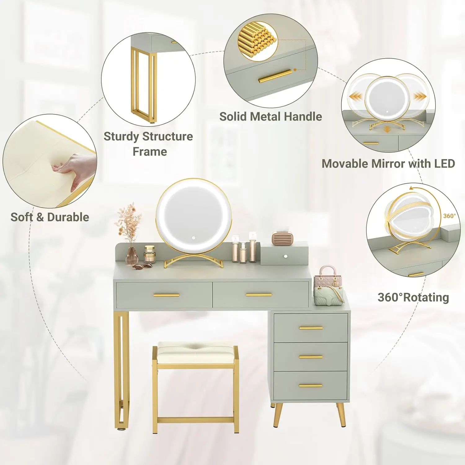 Modern Makeup Vanity Table Set with 6 Storage Drawers and Cushioned Stool for Bedroom, Dressing Table with Divided Organizers