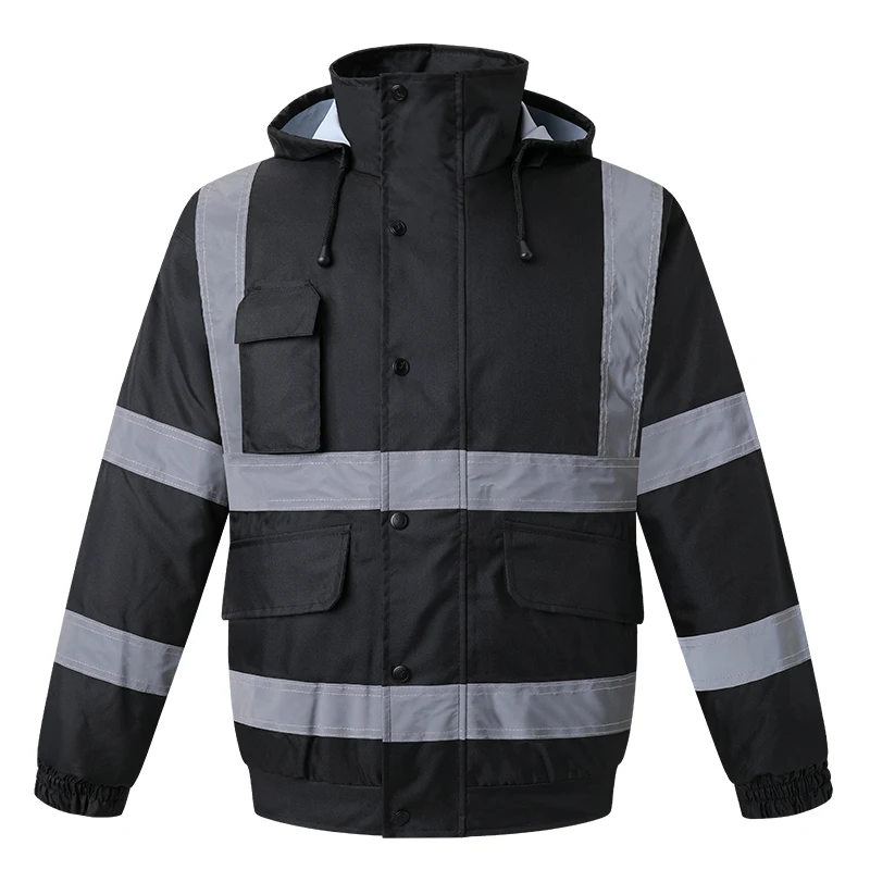 Chaqueta reflectante larga gruesa para hombre con capucha gris - GC825