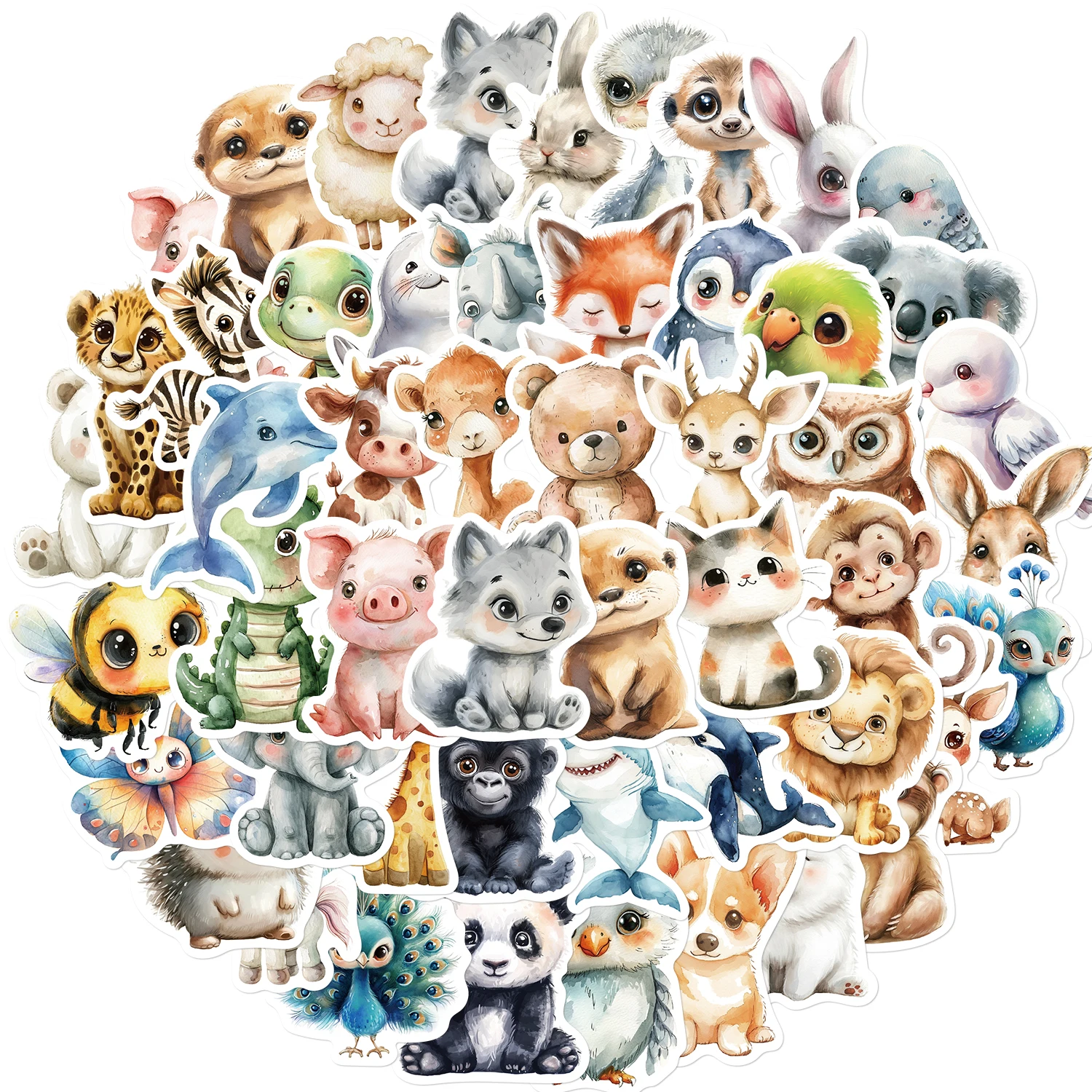 50PCS Watercolor Animal Stickers Cute Handbag Material Phone Case Laptop Water Cup Luggage Waterproof Stickers