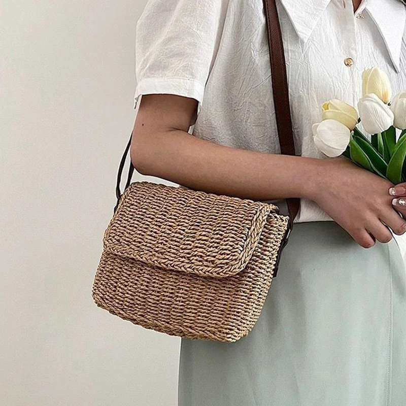 Women Weave Straw Bag Summer Straw Beach Bag Vintage Small Square Satchel Bag Adjustable Strap Handmade Travel Flap Bag