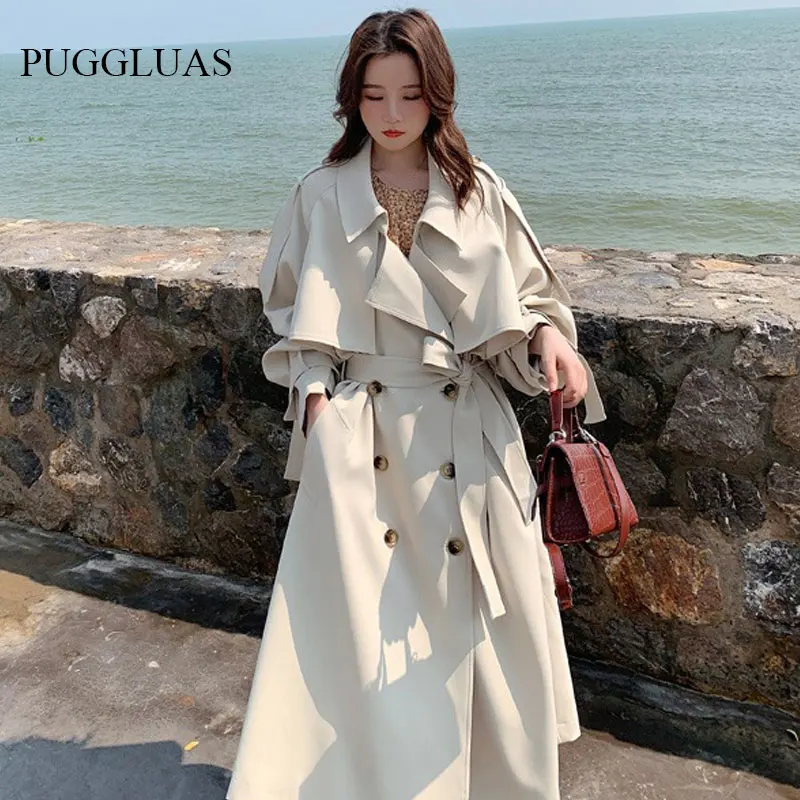 Korea Loose Oversize Doublebreasted Long Trench Coat Women White Black