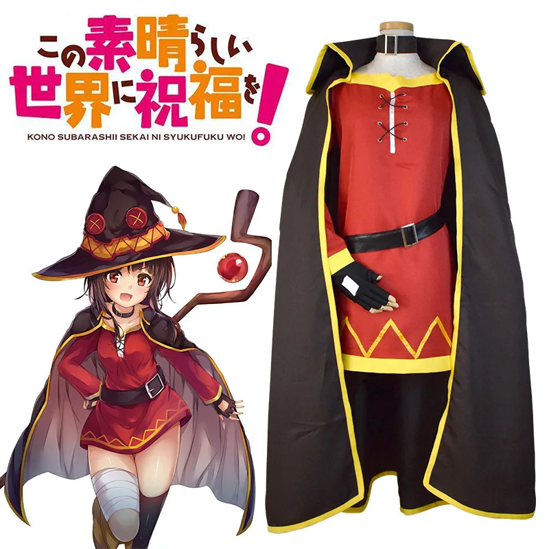 

Megumin Cosplay Costume Anime KonoSuba Cosplay Witch Outfit Uniform Cloak Hat Arch Wizard Crimson Demons Arue Yunyun Women