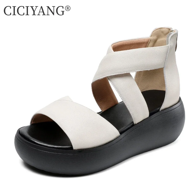 

CICIYANG Genuine Leather Cross Sandals for Women New Summer Chunky Platform Roman Sandals Ladies Casual Wedges Shoes Handmade