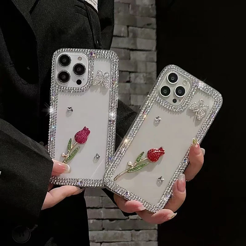 Clear Red Rose Phone Case with Love Bow and Bling Diamond Back Cover - Transparent and Fashionable Accessories