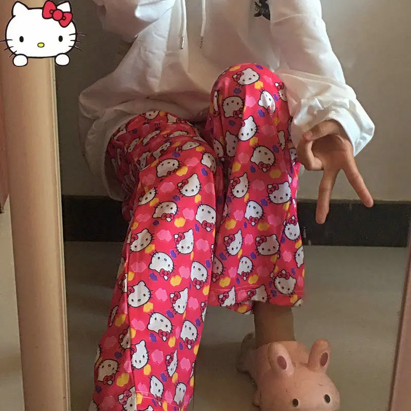 

Hello Kitty Trousers Spring Summer Women Loose Pajama Anime Printed Kt Cat Loose Sleeping Pants Sweet Girls Casual Loungewear