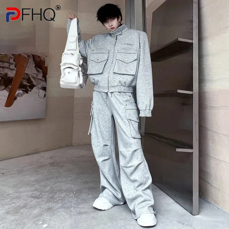 

PFHQ Male Sweatshirt Suit Casual Stand Collar Multi-pocket Zipper Men's Jackets Solid Color Men Wide Leg Trousers Spring 28W1267