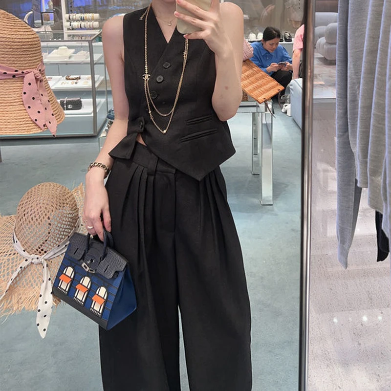 Suit women's summer 2024 new fashion sense French sleeveless vest suit high waist wide-leg pants two-piece suit nike women s nike sportswear collection reverse french terry vest dv8314 113