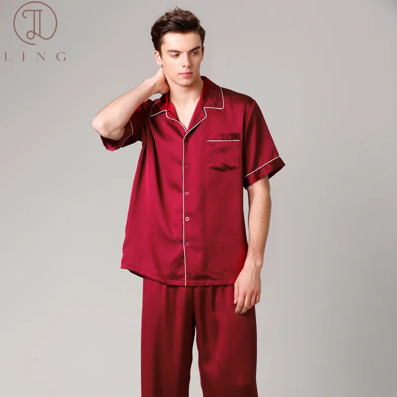 Ling Silk Satin Mens Pajama Sets Two Piece Half Sleeve Men's Sleep Lounge Sleepwear Sets Spring New Silk M-XXL Size