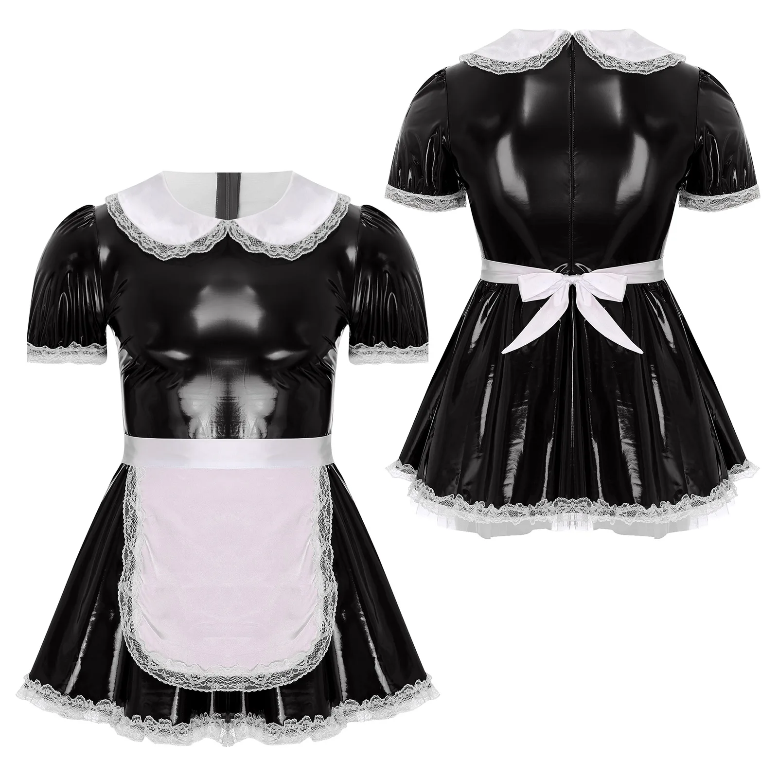 thumbnail image 1 of Vestido de sirvienta Sissy de línea A con encaje y volantes para hombre, de charol, trajes de cosplay, vestido de sirvienta con delantal, cuello de muñeca, mangas abullonadas, 1 of 5