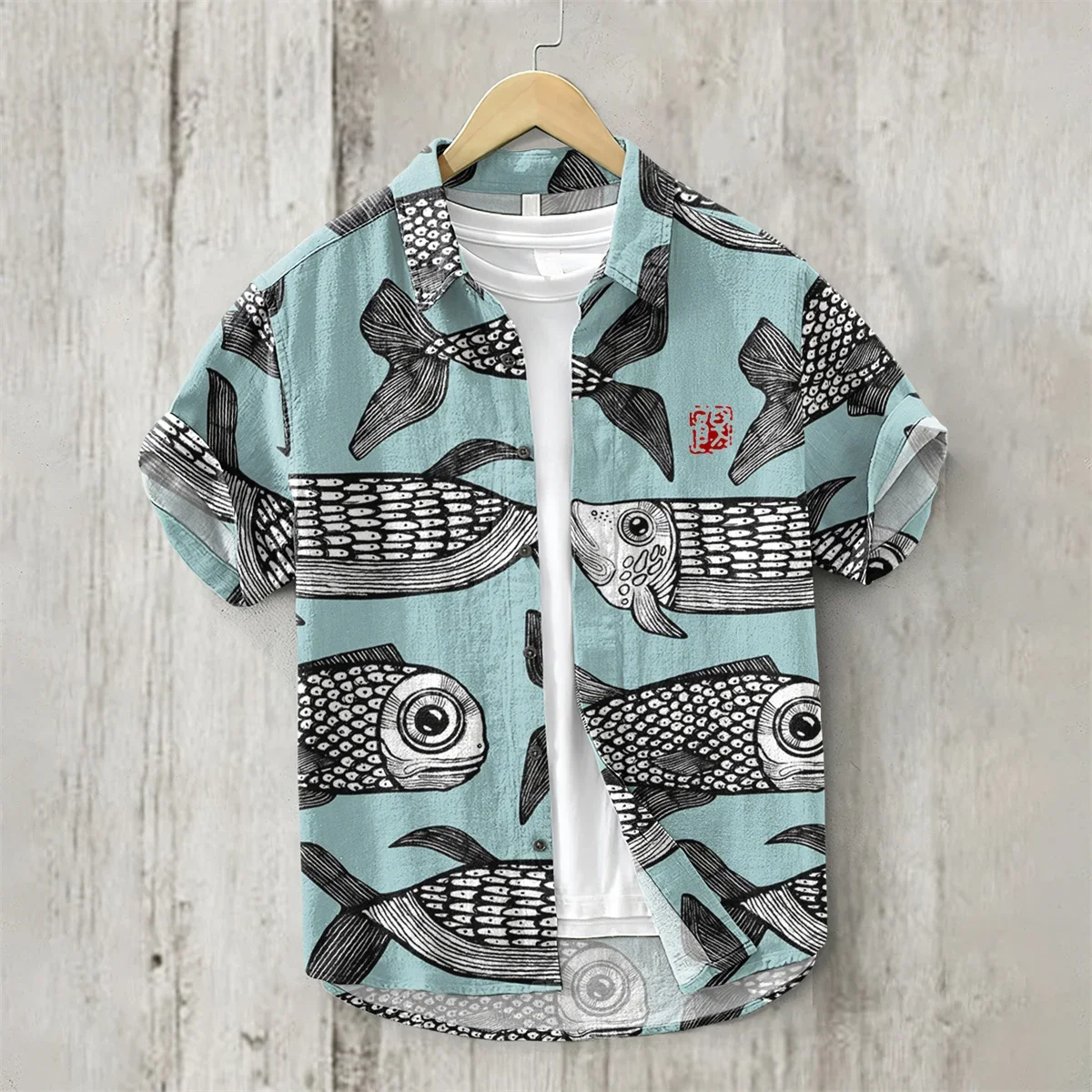 Men's Hawaiian Style Retro Fish Print Short Sleeved Shirt, Casual Linen Top, Loose and Breathable, Fashionable 2