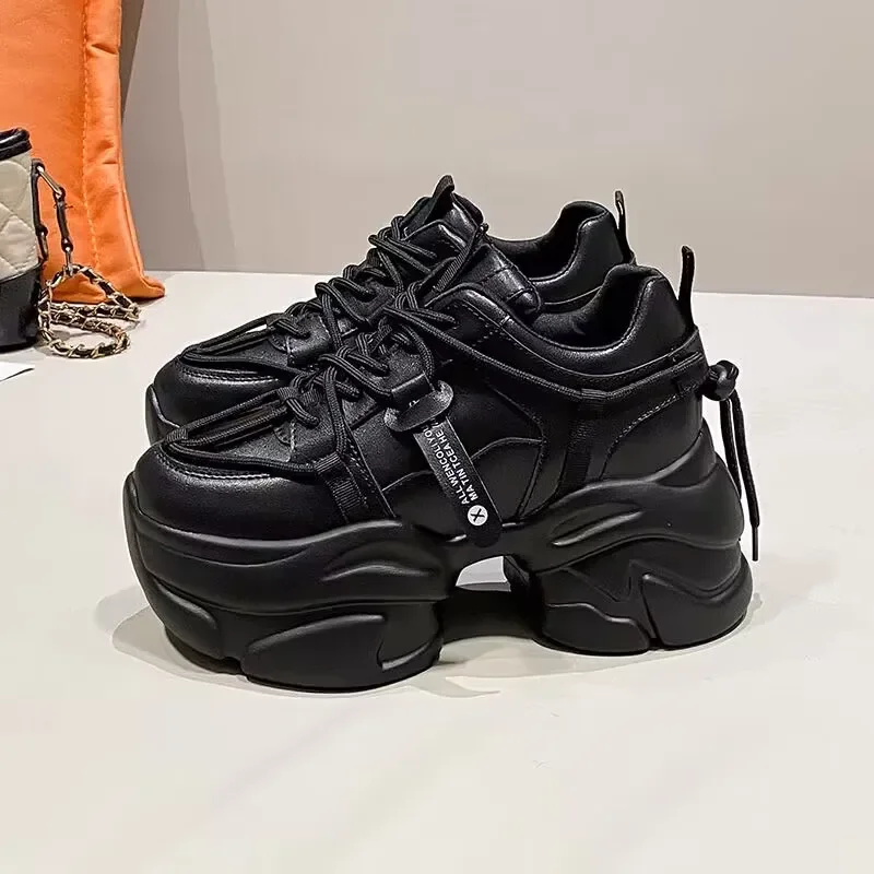 New Platform Women Leather Shoes 2022 Designer Chunky Sneakers Outdoor 8CM Causal Lace Up Warm Snow Shoes Female Ladies Footwear