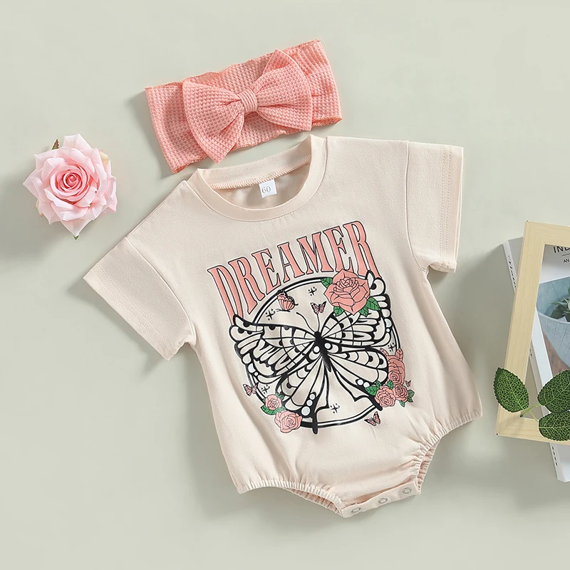 2023-02-28 Lioraitiin 0-18M Infant Baby Girl 2Pcs Bodysuit Short Sleeve Letters  Flower Print Jumpsuit Bowknot Headband 2