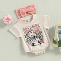 2023-02-28 Lioraitiin 0-18M Infant Baby Girl 2Pcs Bodysuit Short Sleeve Letters  Flower Print Jumpsuit Bowknot Headband 2
