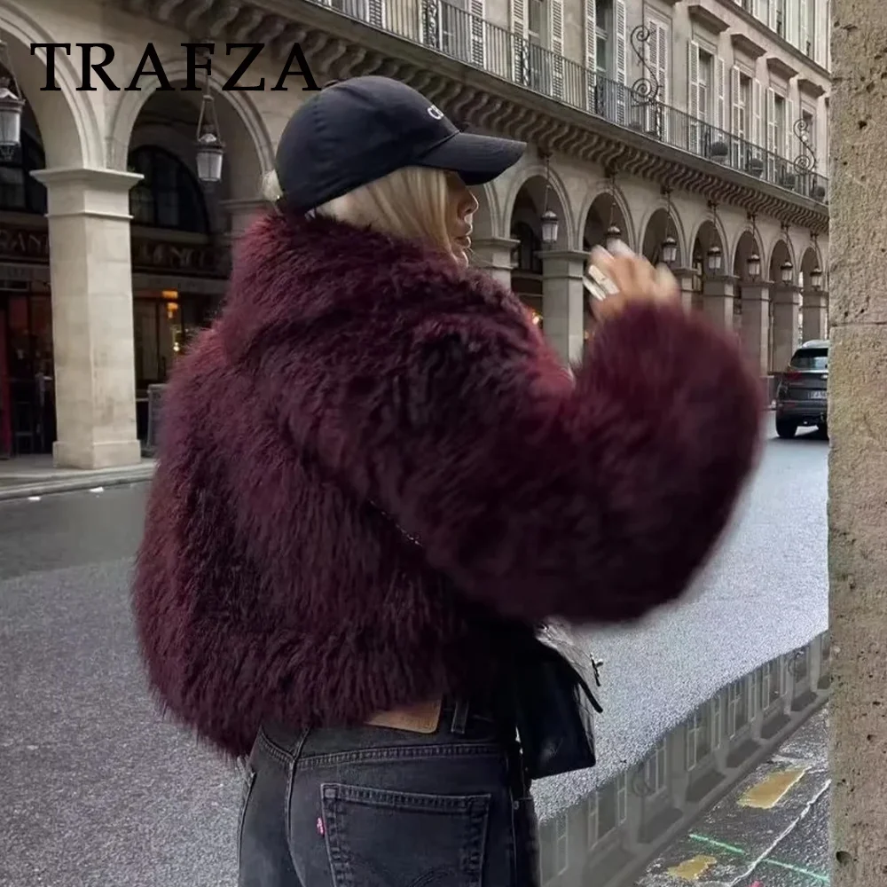 TRAFZA 2025 Autumn Winter Women Casual Faux Fur Jackets Fashion Streetwear Solid Turn Down Collar Warm Oversized Thick Coats 5