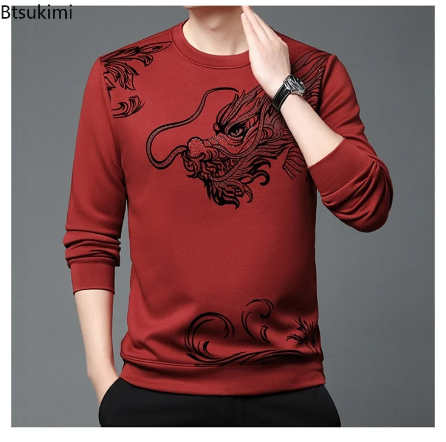2024 Autumn Winter Men's This Animal Year Thicker Red Hoodies Fashion Trend Print O-neck Fleece Tops Man Casual Warm Sweatshirts